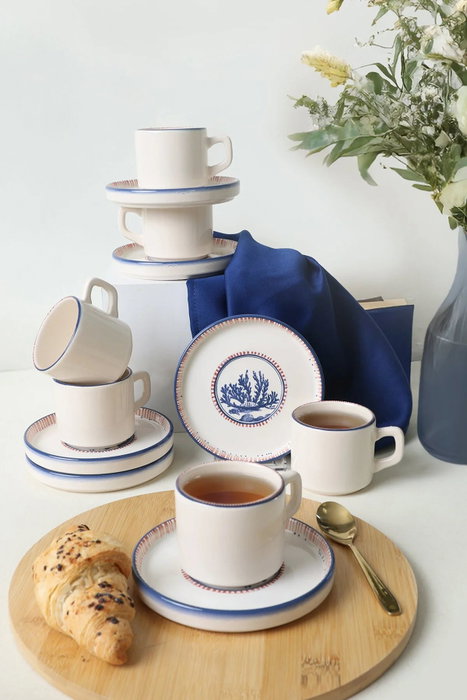 Hermia Juego de Tazas de Té y Platillos Blanco y Azul Marino (12 Piezas)